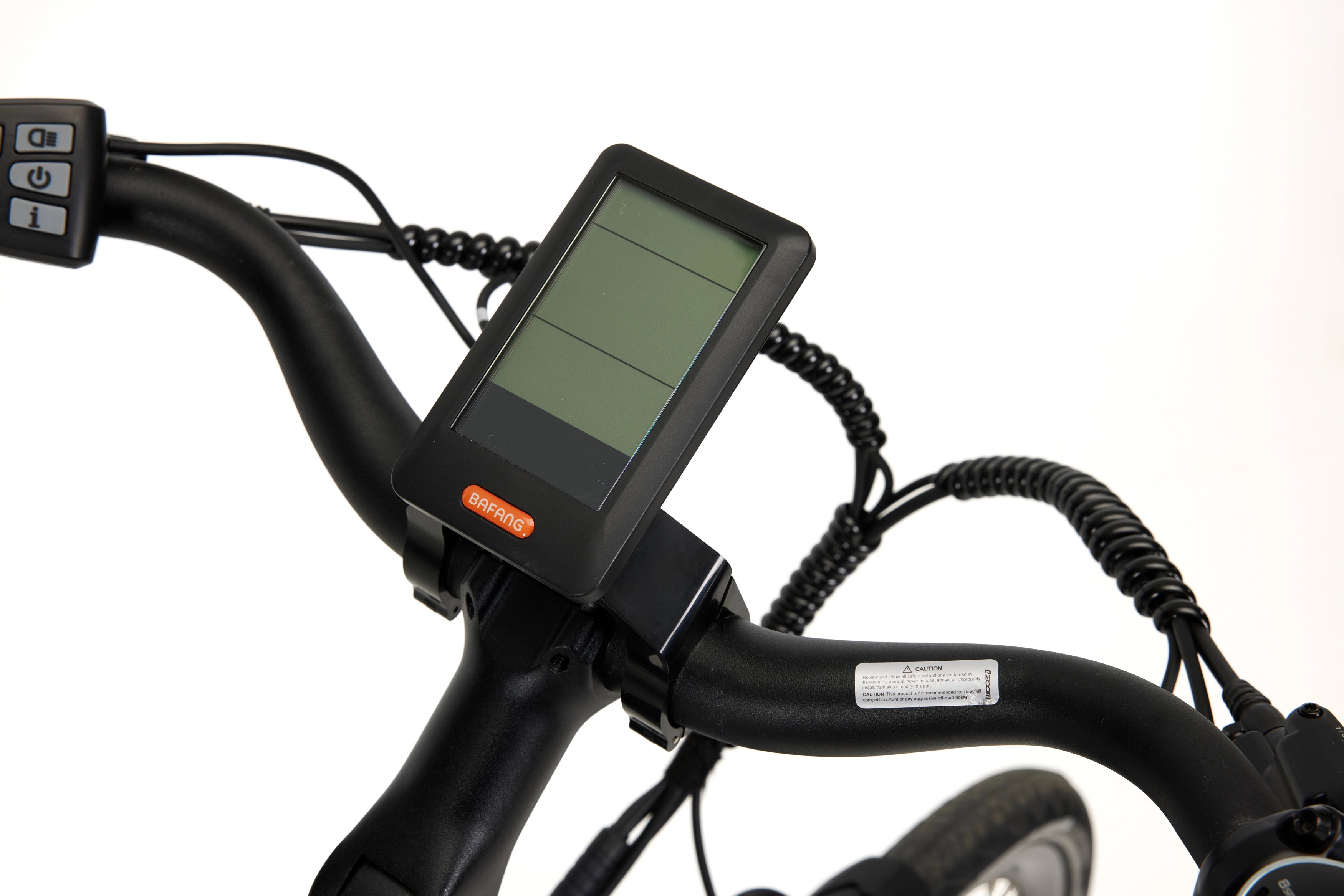 A close-up photo of the electronic display on the Veloci Solid electric bike. This is a Bafang display screen which shows the level of electric assist as well as the speed being travelled. 