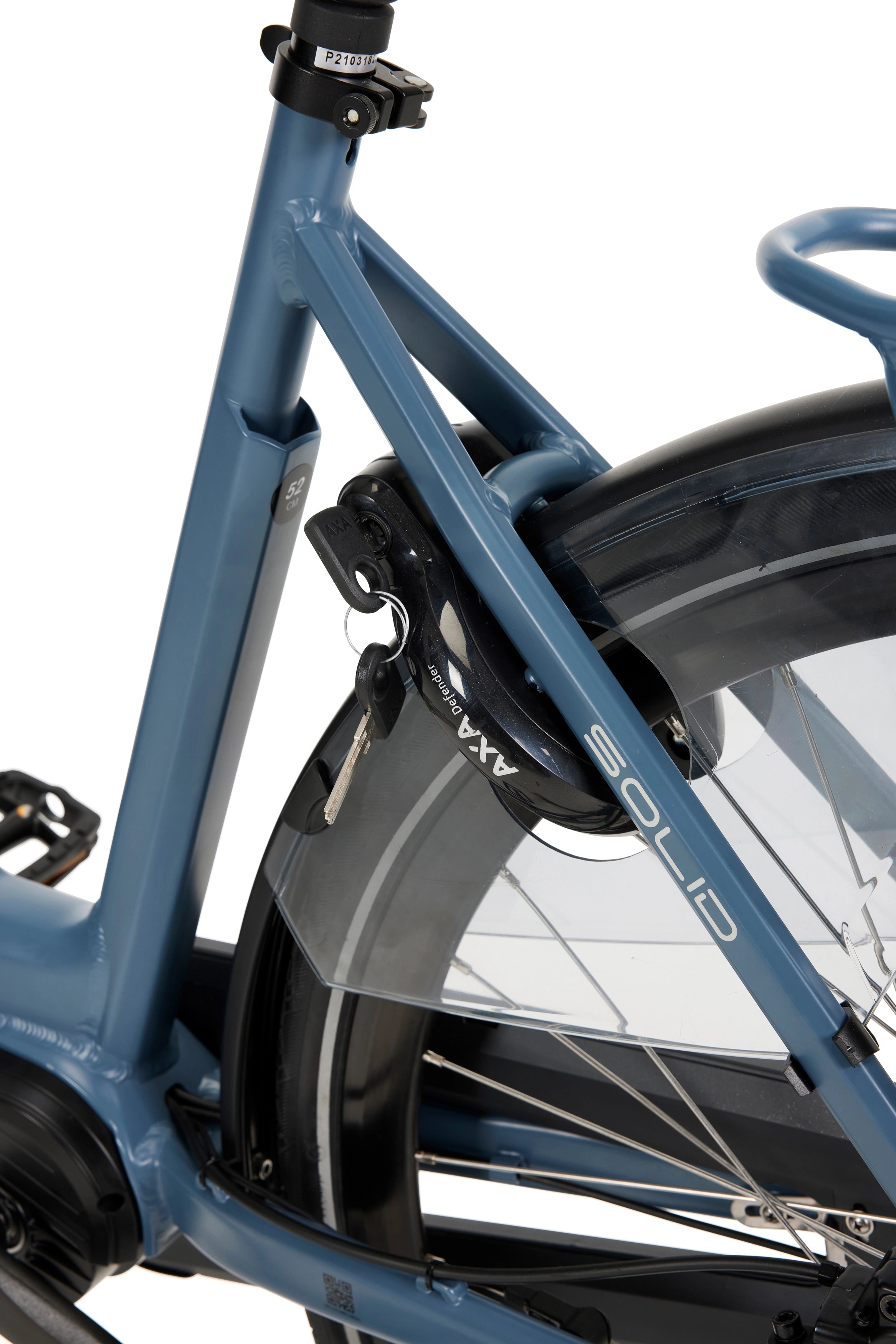 A close-up of the Axa wheel lock on the back wheel of the Veloci Solid electric bike. 