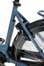 Load image into Gallery viewer, A close-up of the Axa wheel lock on the back wheel of the Veloci Solid electric bike. 
