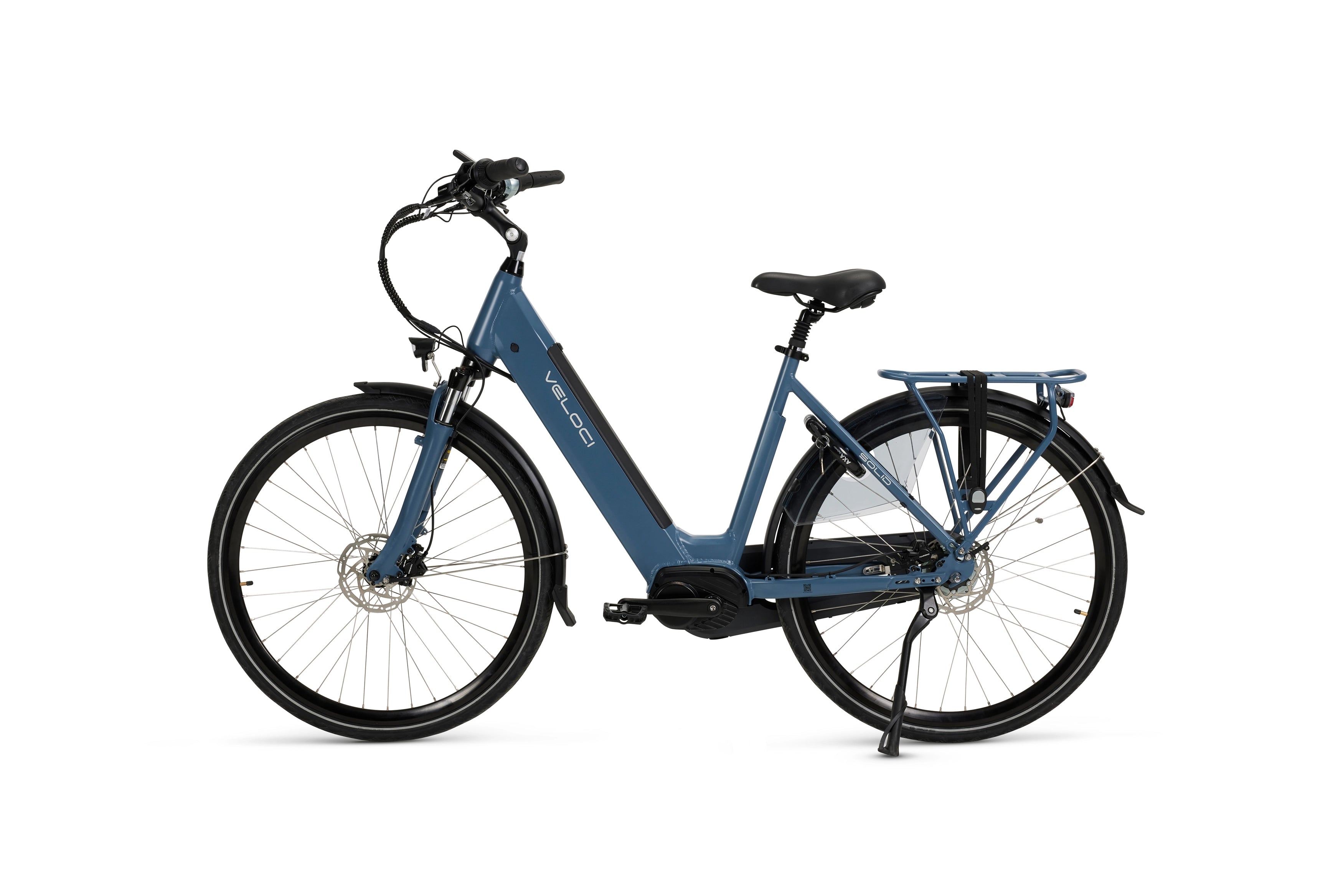 A product image of a Veloci Solid electric bike. The photo is taken straight-on against a white background, displaying all the features on the lefthand side of the electric bike. The electric bike has a dark blue frame, the colour is called "Eclipse Blue." 