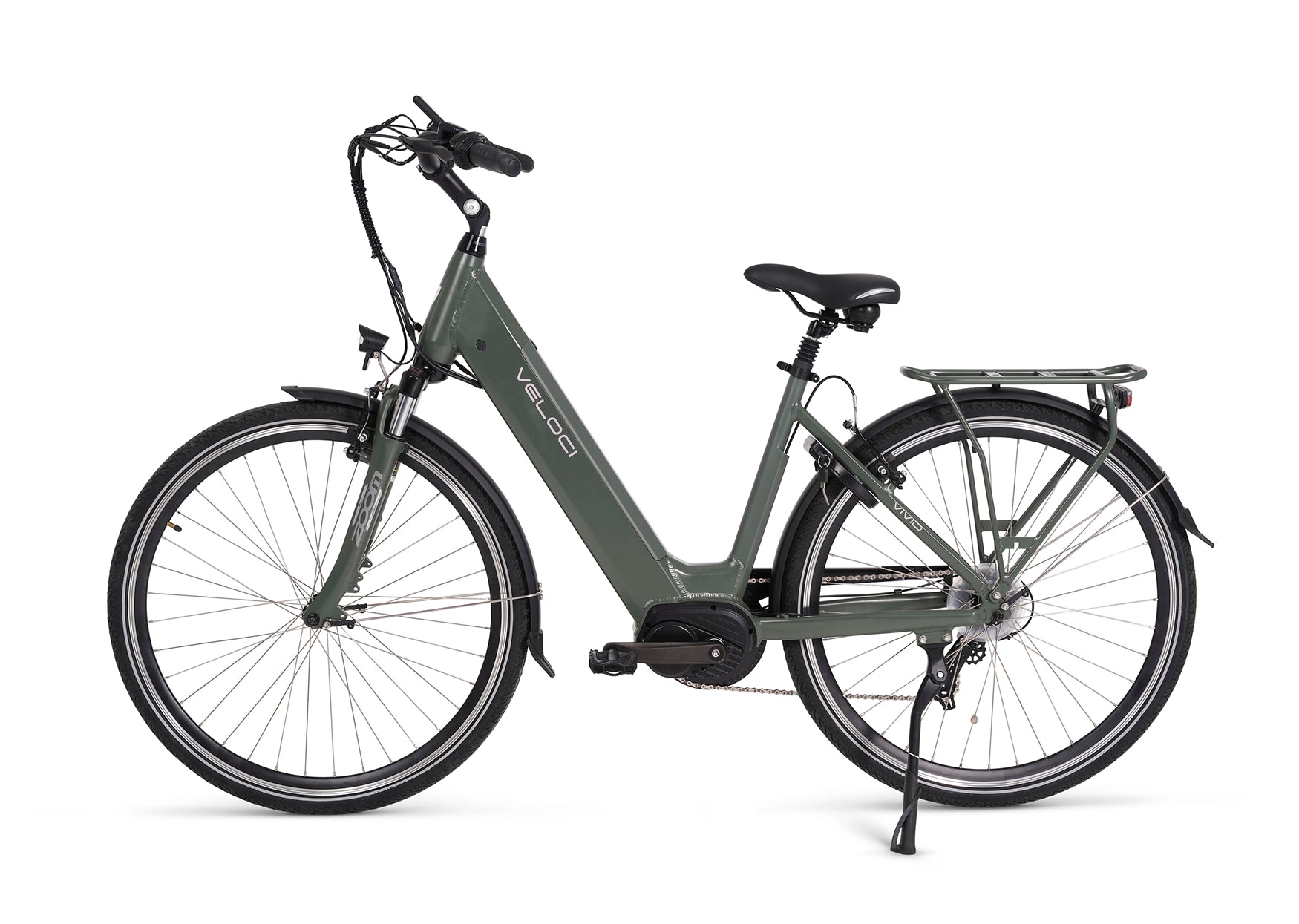 A photo of the left hand side of a Veloci Vivid electric bike against a crisp white studio background. The frame of the bike is a grey/green colour. The thick downtube denotes the integrated battery. The ebike has front fork suspension and a kick stand can also be seen. The Veloci Vivid is available for sale from Bleeper, with test rides facilitated at Bleeper's workshop on Merchants Quay in Dublin city centre. 