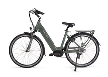 Load image into Gallery viewer, A photo of the left hand side of a Veloci Vivid electric bike against a crisp white studio background. The frame of the bike is a grey/green colour. The thick downtube denotes the integrated battery. The ebike has front fork suspension and a kick stand can also be seen. The Veloci Vivid is available for sale from Bleeper, with test rides facilitated at Bleeper&#39;s workshop on Merchants Quay in Dublin city centre. 
