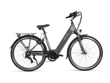 Load image into Gallery viewer, A photo of the right hand side of a Veloci Vivid electric bike against a crisp white studio background. The frame of the bike is a grey/green colour. The thick downtube denotes the integrated battery. The ebike has front fork suspension and the rear derailleur can also be seen. The Veloci Vivid is available for sale from Bleeper, with test rides facilitated at Bleeper&#39;s workshop on Merchants Quay in Dublin city centre. 

