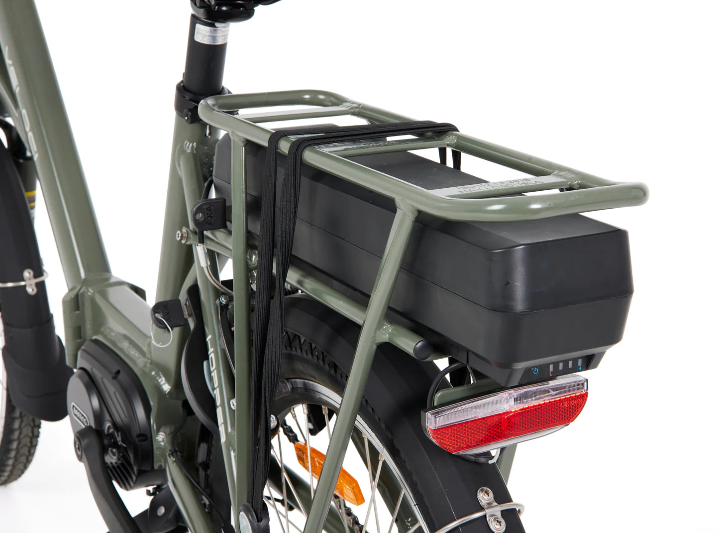 A product image of the Veloci Hopper folding electric bike from LeaseBike by Bleeper, showing a close-up of the rear carrier rack and the removable electric battery which can be locked in position with a key.