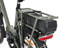 Load image into Gallery viewer, A product image of the Veloci Hopper folding electric bike from LeaseBike by Bleeper, showing a close-up of the rear carrier rack and the removable electric battery which can be locked in position with a key.
