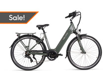 Load image into Gallery viewer, A photo of the right hand side of a Veloci Vivid electric bike against a crisp white studio background with a &quot;sale&quot; label overlaid on it. The frame of the bike is a grey/green colour. The thick downtube denotes the integrated battery. The ebike has front fork suspension and the rear derailleur can also be seen. The Veloci Vivid is available for sale from Bleeper, with test rides facilitated at Bleeper&#39;s workshop on Merchants Quay in Dublin city centre. 
