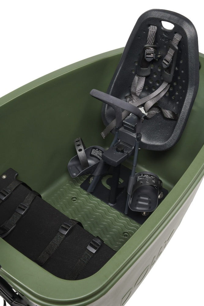 A product image showing the fixing for the Yepp/Bobike child seat in the Dolly cargo bike, with the child seat in place.