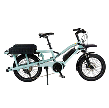 Load image into Gallery viewer, An animated graphic which cycles through the various frame colours and accessory combinations for the Yuba Fastrack electric longtail cargo bike which is available to buy from Bleeper.
