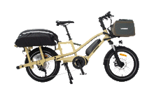 Load image into Gallery viewer, An animated image which cycles through various frame colours and accessory setups for the Yuba Fastrack longtail electric cargo bike, with Latte and Espresso frame colour options.
