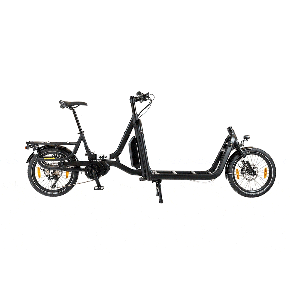 An animated image which cycles through the various frame colours and accessory combinations of the Yuba Supercargo CL electric cargo bike which is available to buy from Bleeper.