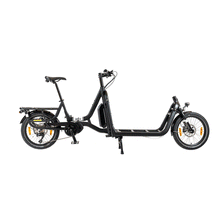 Load image into Gallery viewer, An animated image which cycles through the various frame colours and accessory combinations of the Yuba Supercargo CL electric cargo bike which is available to buy from Bleeper.
