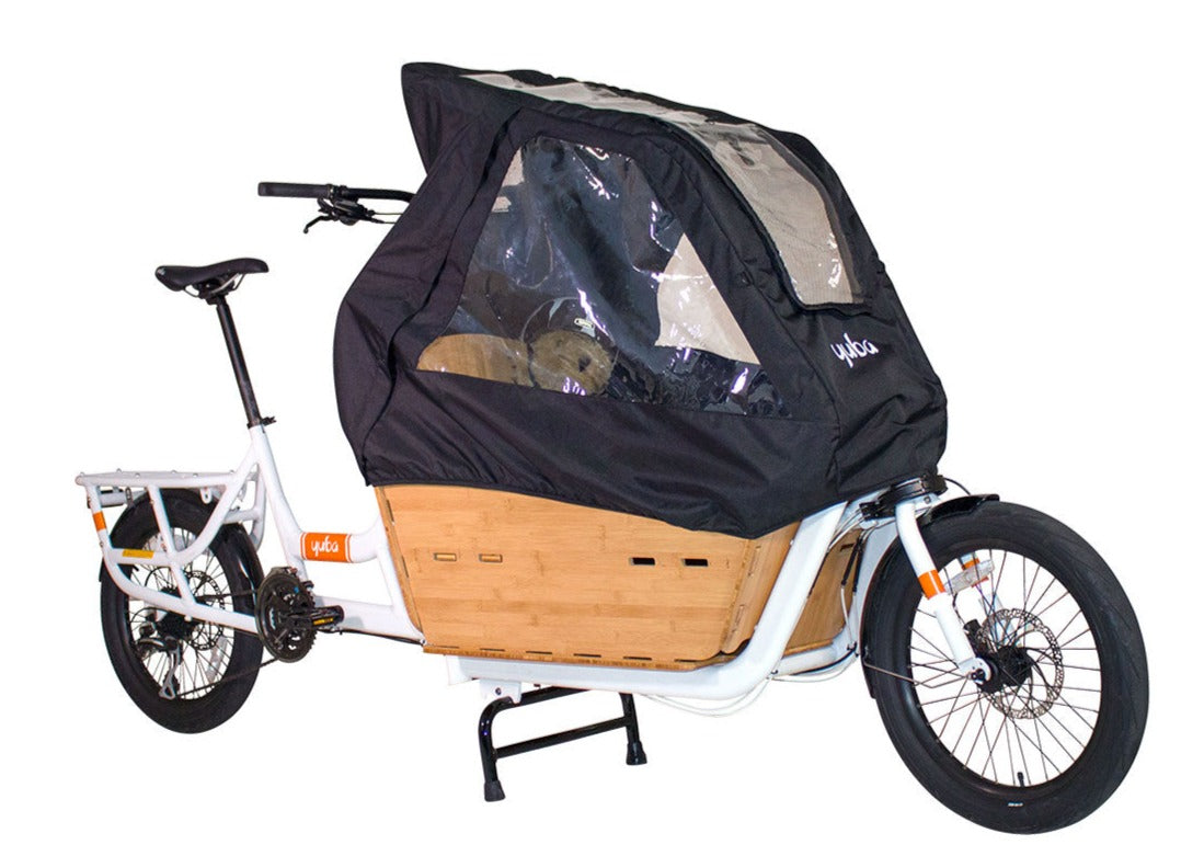 Yuba Supercargo Canopy product image showing the rain tent covering the cargo box on a white Yuba Supercargo CL electric cargo bike.