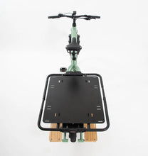 Load image into Gallery viewer, A product image showing another angle of the black Yuba Carry-All rack on the back of a Yuba Longtail electric cargo bike.
