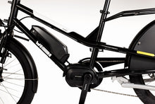 Load image into Gallery viewer, A close-up image of the Yuba Kombi E6 electric longtail cargo bike showing the black frame, the battery and the electric motor.
