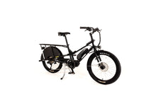 Load image into Gallery viewer, A product image of the Yuba Kombi E6 electric longtail cargo bike taken at an oblique angle from the front right of the bike. This is the bare layout of the bike, with no accessories added. The bike has a black frame. 
