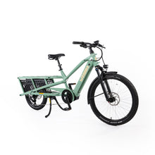 Load image into Gallery viewer, A product image of the Yuba Spicy Curry V4 electric longtail cargo bike. The frame colour is Lunar (a pale green colour) and the bike is in its basic set up, with no accessories attached. 
