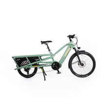 Load image into Gallery viewer, A product image of the Yuba Spicy Curry V4 electric longtail cargo bike. The frame colour is Lunar (a pale green colour) and the bike is in its basic set up, with no accessories attached. 
