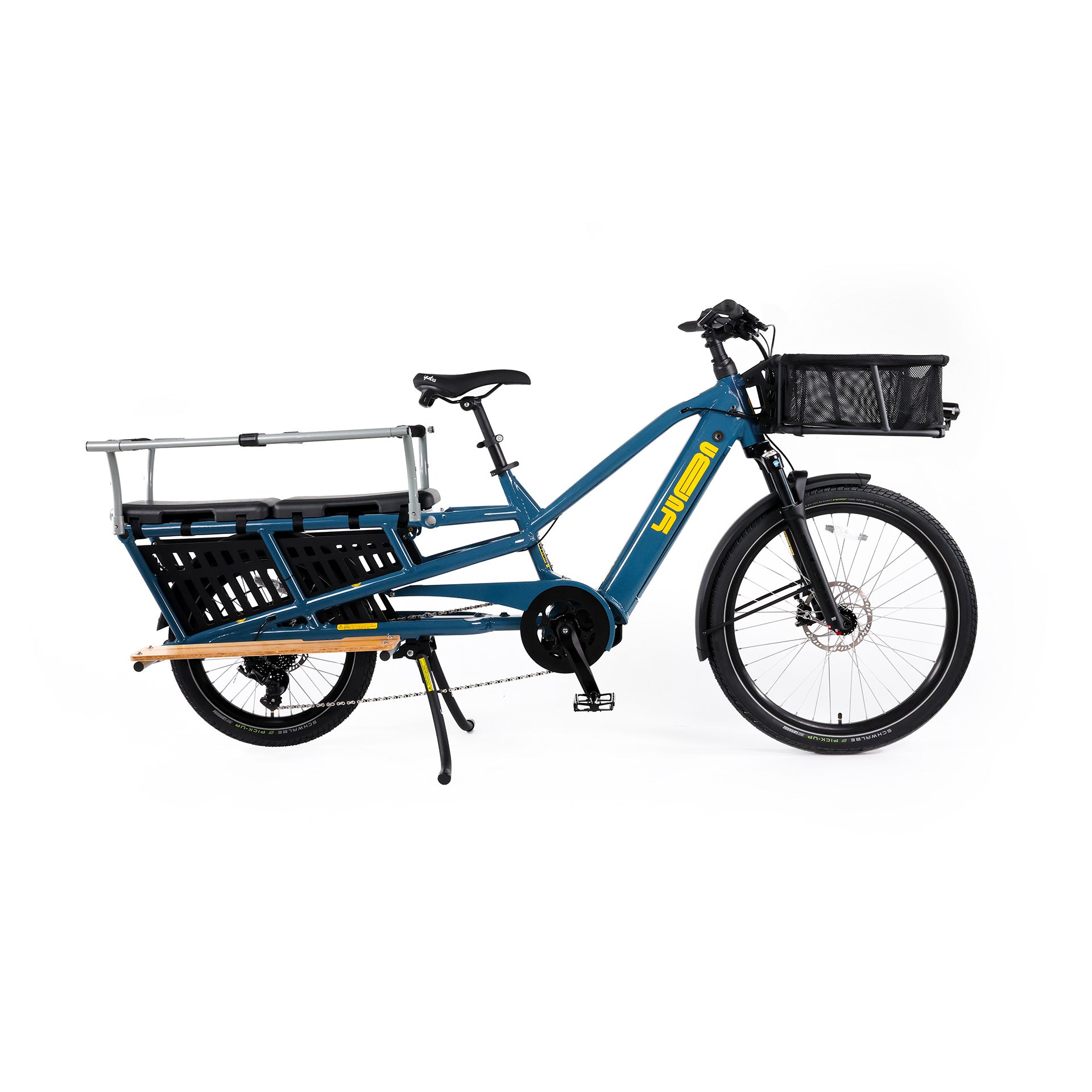 A product image of the Yuba Spicy Curry V4 electric longtail cargo bike. The frame colour is True Blue and the bike has a monkey bar add-on on the rear and a bread basket on the front.