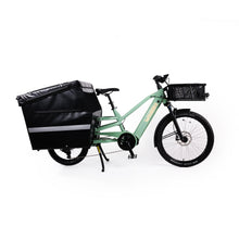 Load image into Gallery viewer, A product image of the Yuba Spicy Curry V4 electric longtail cargo bike. The frame colour is Lunar and the bike is set up with the Professional Box add-on on the rear and a bread basket on the front.
