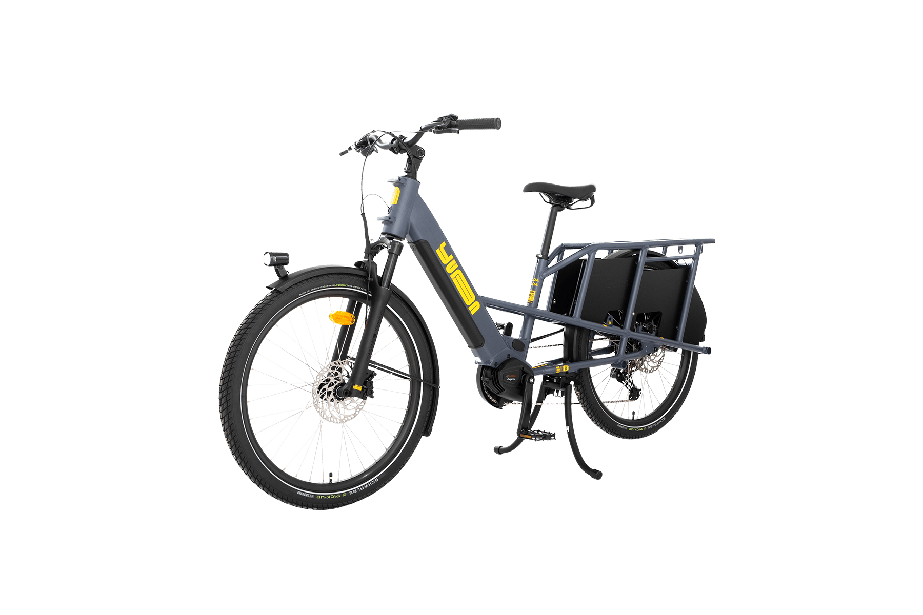 A product image showing the left side of the Yuba Boda Boda electric longtail cargo bike from an angle to the front of the bike.