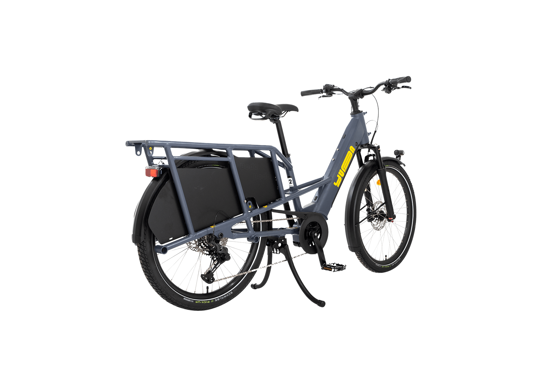 A product image showing the right side of the Yuba Boda Boda electric longtail cargo bike from an angle to the rear of the bike.