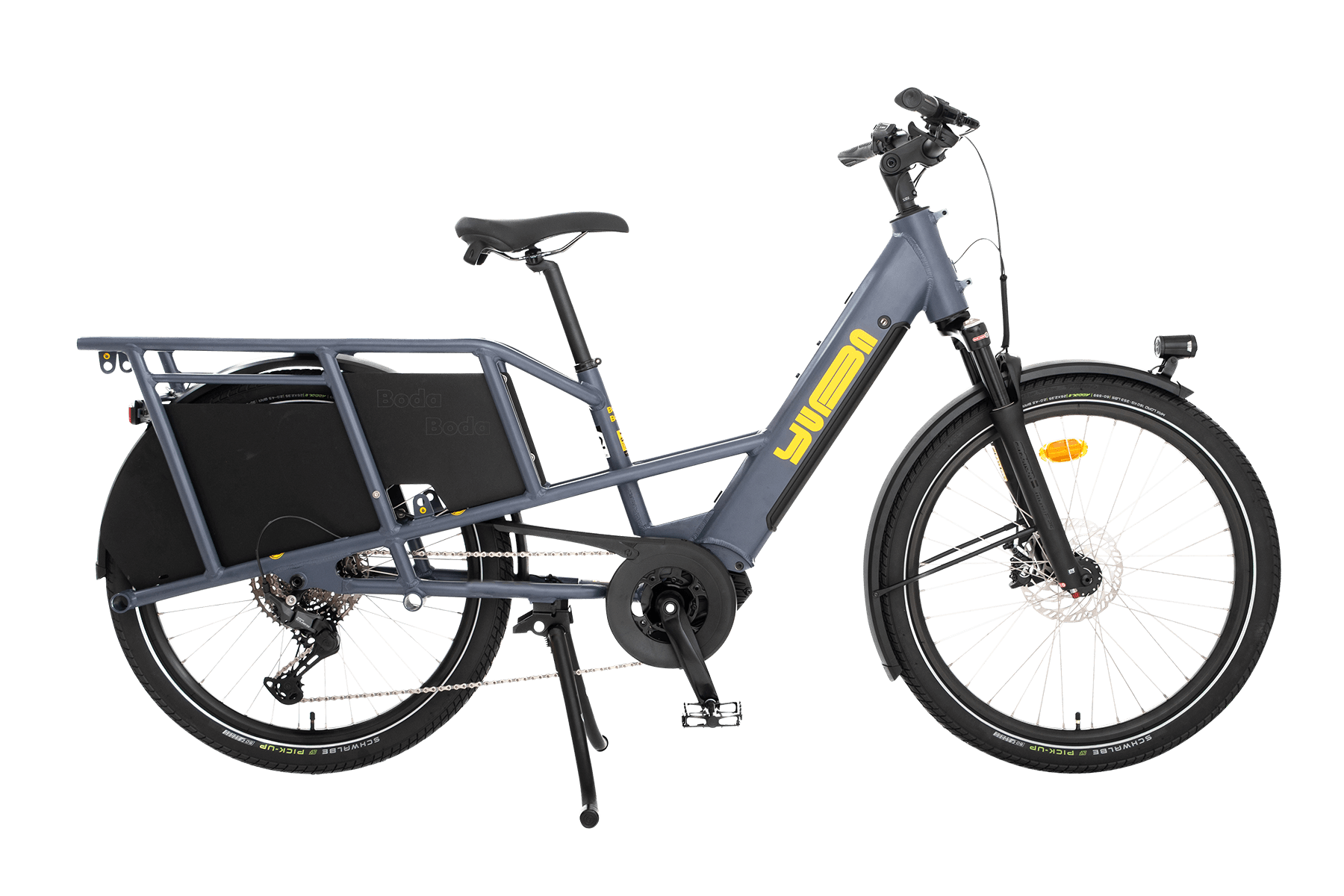 A product image showing the right side of the Yuba Boda Boda electric longtail cargo bike.