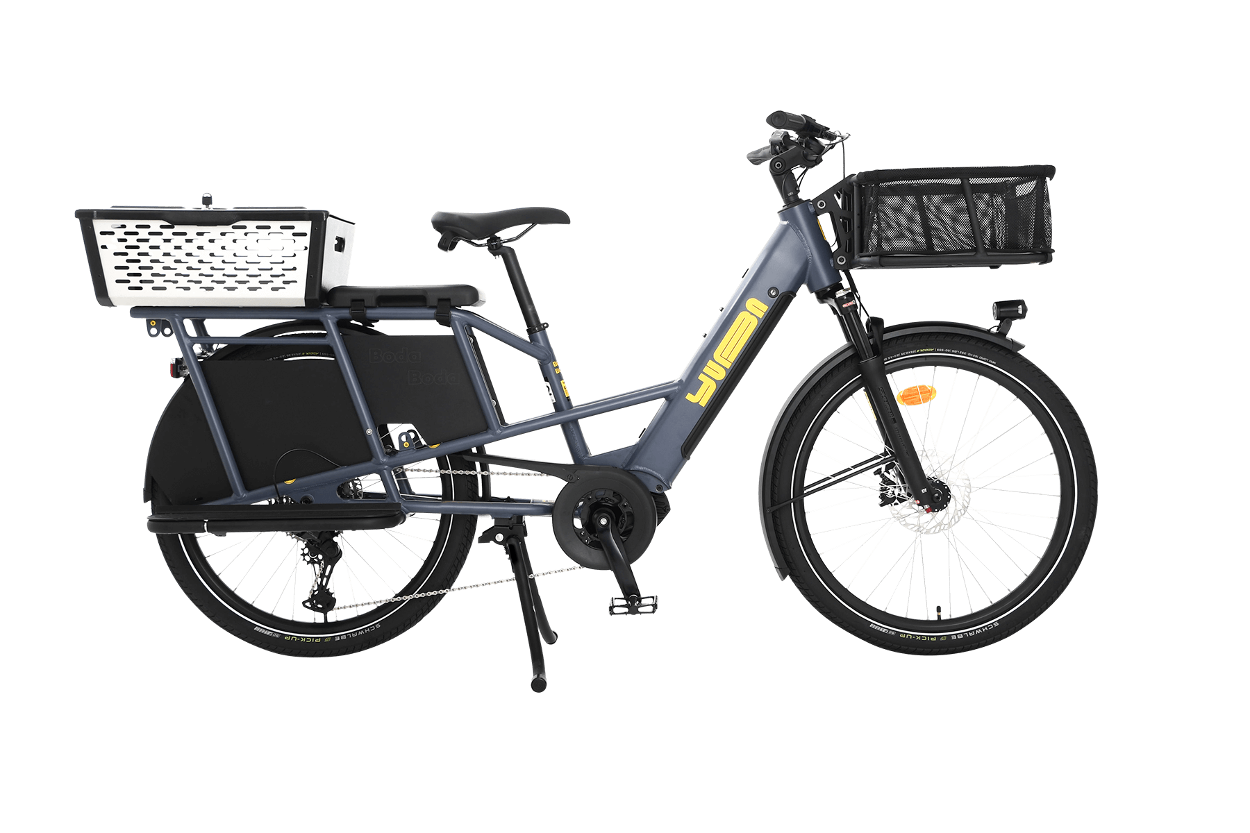 A product image showing the right side of the Yuba Boda Boda electric longtail cargo bike with the pot and front basket accessories attached.