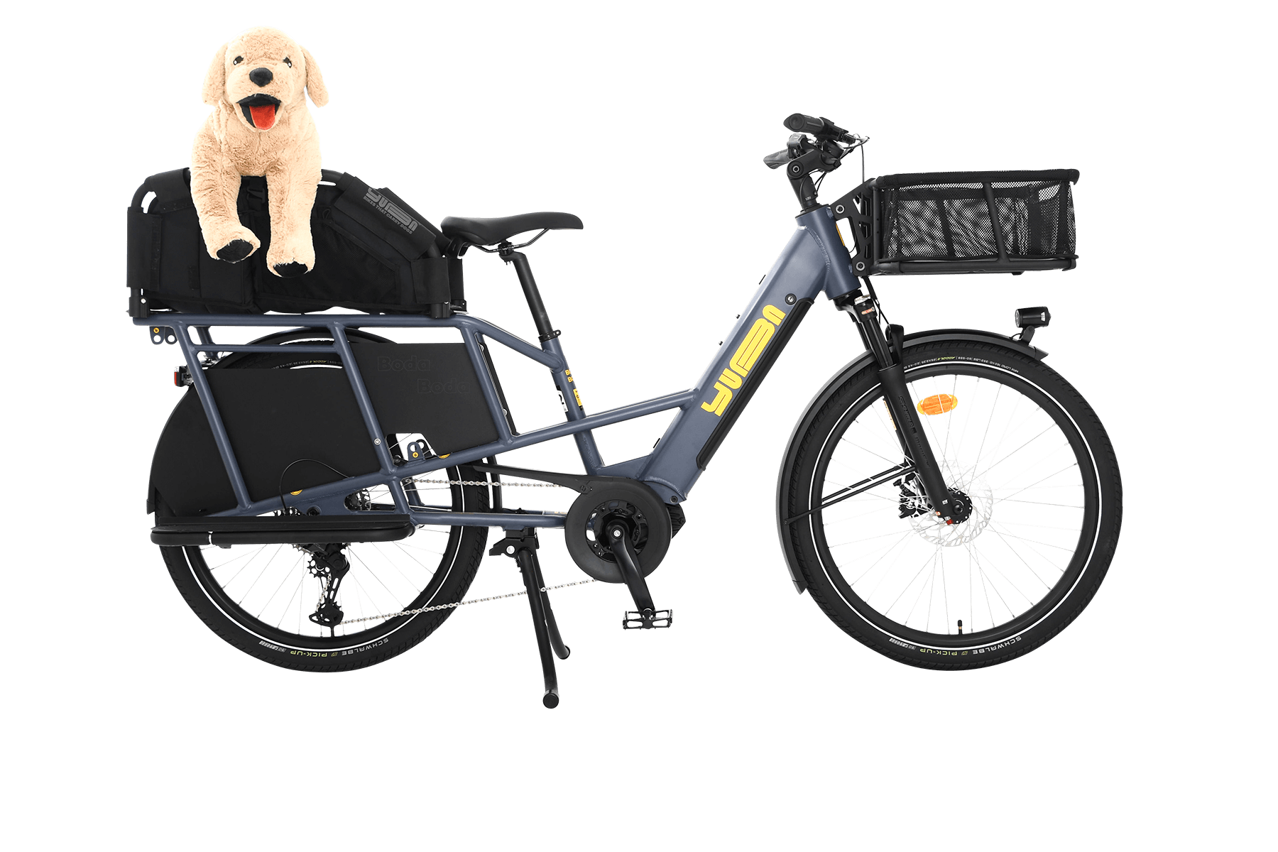 A product image showing the right side of the Yuba Boda Boda electric longtail cargo bike with the Wooftop dog carrying basket attached to the rear.