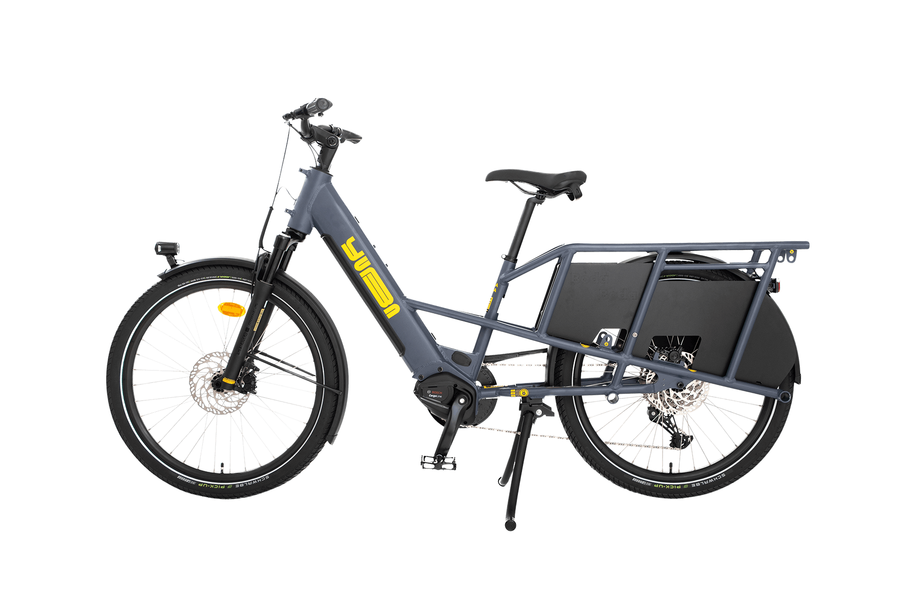 A product image showing the left side of the Yuba Boda Boda electric longtail cargo bike.