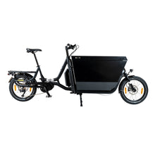 Load image into Gallery viewer, A product image of the Yuba Supercargo CL electric front-loading cargo bike. The model shown has a black frame and a specialised delivery box on the front end which can be locked. The bike is available to buy from Bleeper.
