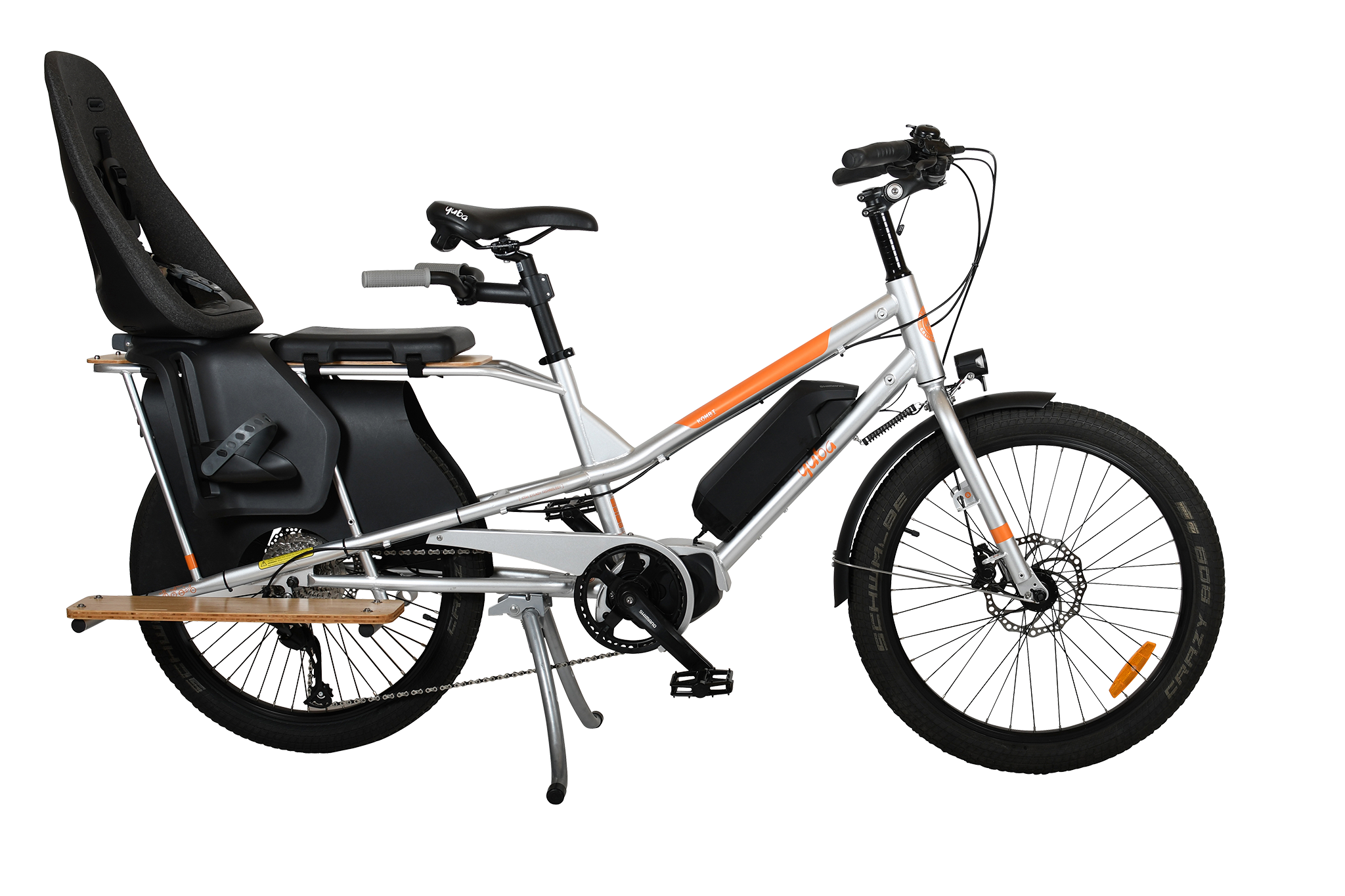 A product image of the Yuba Kombi E5 electric longtail cargo bike which can be hired from LeaseBike. The photo shows the right side of the cargo bike with a child seat and soft sport seat attached to the rear rack.