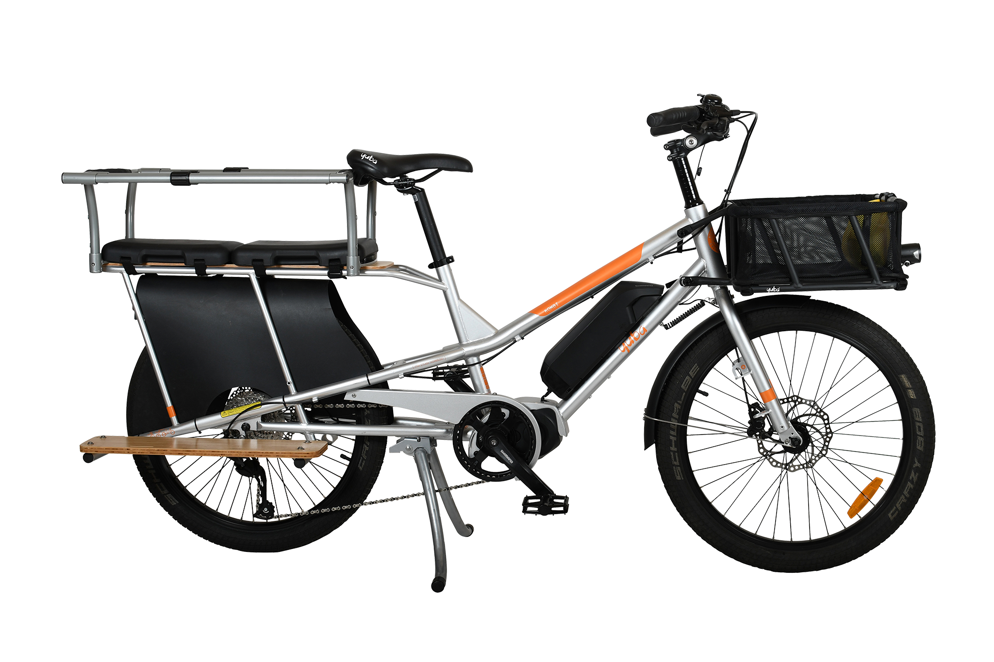 A product image of the Yuba Kombi E5 electric longtail cargo bike which can be hired from LeaseBike. The photo shows the right side of the cargo bike. The photo shows two soft spot seats and a monkey bar accessory attached to the rear rack and a bread basket attached to the front of the bike.