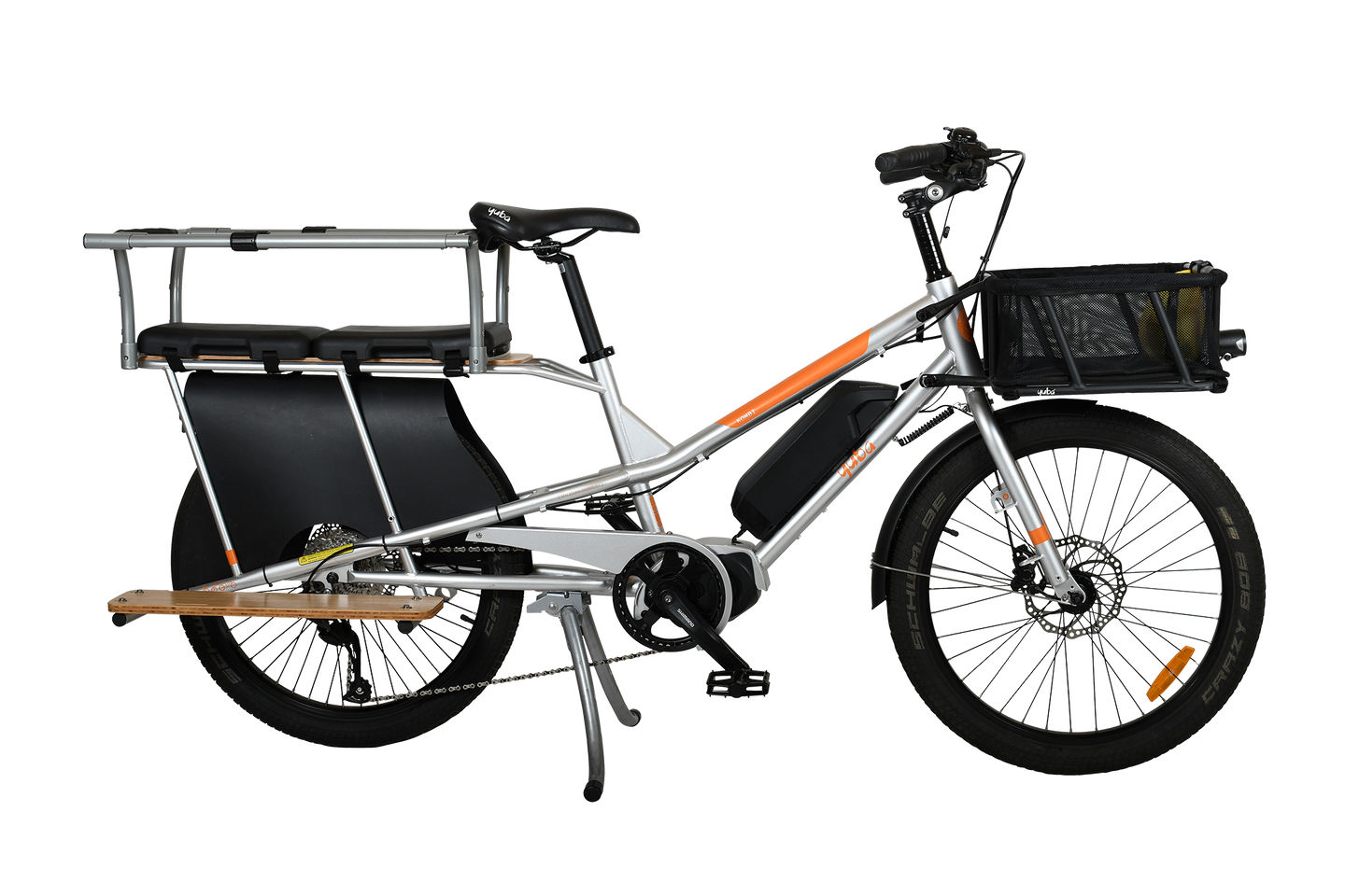 A product image of the Yuba Kombi E5 electric longtail cargo bike which can be hired from LeaseBike. The photo shows the right side of the cargo bike. The photo shows two soft spot seats and a monkey bar accessory attached to the rear rack and a bread basket attached to the front of the bike.