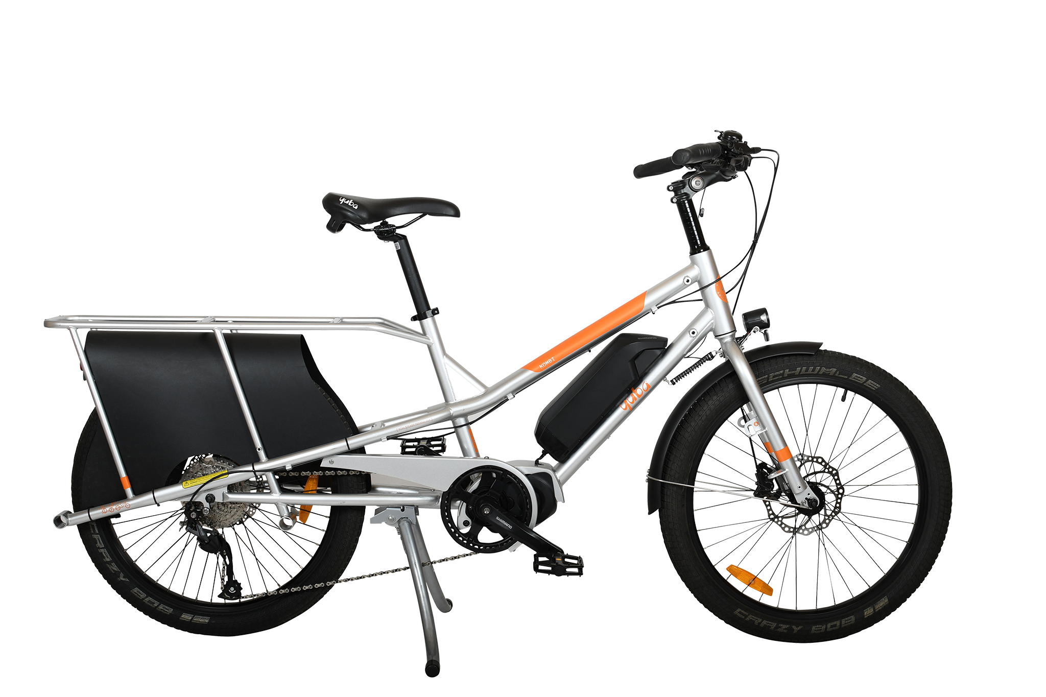 A product image of the Yuba Kombi E5 electric longtail cargo bike which can be hired from LeaseBike. The photo shows the right side of the cargo bike. 