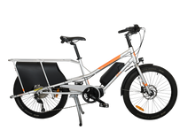 Load image into Gallery viewer, A product image of the Yuba Kombi E5 electric longtail cargo bike which can be hired from LeaseBike. The photo shows the right side of the cargo bike. 
