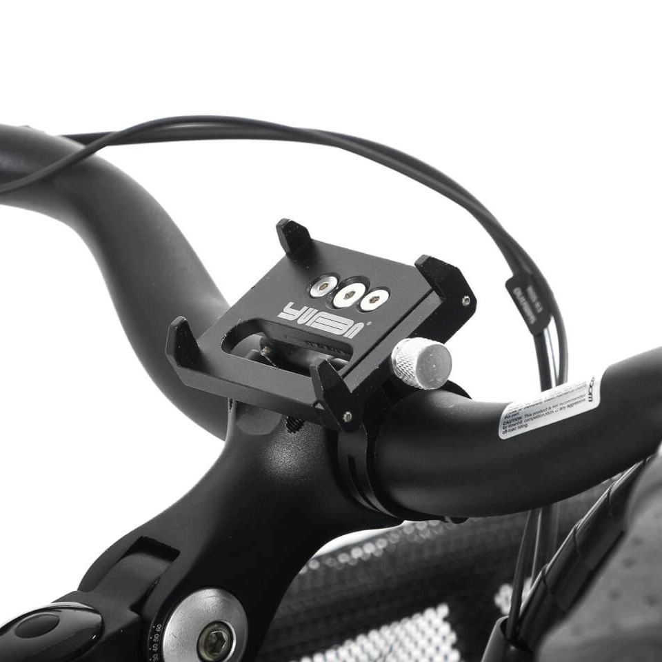 Product image of a Yuba Phone Holder in position on the handlebars or a Yuba bike, without a phone attached. 