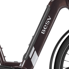 Load image into Gallery viewer, A product image of the BESV TR 1.3 electric bike, showing a close-up of the battery which is integrated into the frame.
