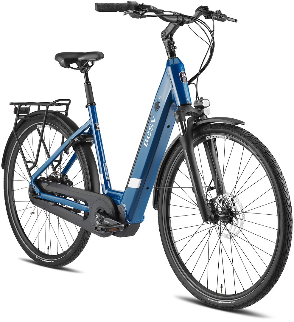 Product image of the BESV CT 2.3 electric bike with the step-through frame variant, in the colour denim blue, shown from the front right of the bike.