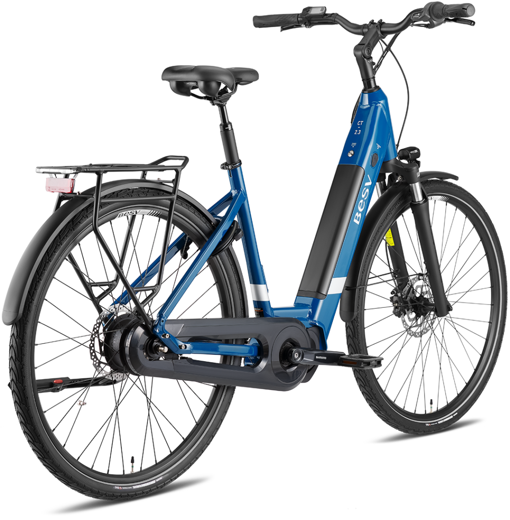 Product image of the BESV CT 2.3 electric bike with the step-through frame variant, in the colour denim blue, shown from the back right of the bike.