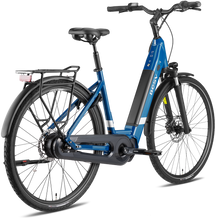 Load image into Gallery viewer, Product image of the BESV CT 2.3 electric bike with the step-through frame variant, in the colour denim blue, shown from the back right of the bike.
