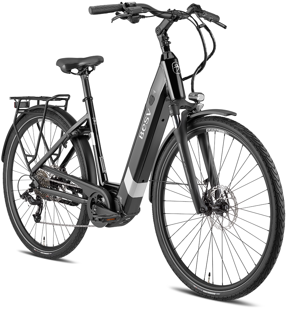 A product image of the BESV TR 2.1 electric bike, showing the step-through frame variant in a black colour, shown from the front right side.