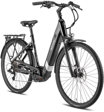 Load image into Gallery viewer, A product image of the BESV TR 2.1 electric bike, showing the step-through frame variant in a black colour, shown from the front right side.
