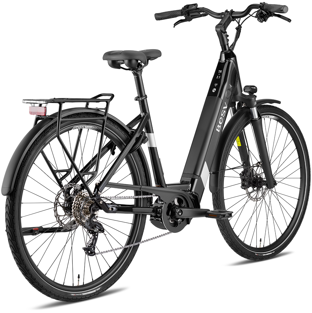 A product image of the BESV TR 2.1 electric bike, showing the step-through frame variant in a black colour, shown from the back right side.