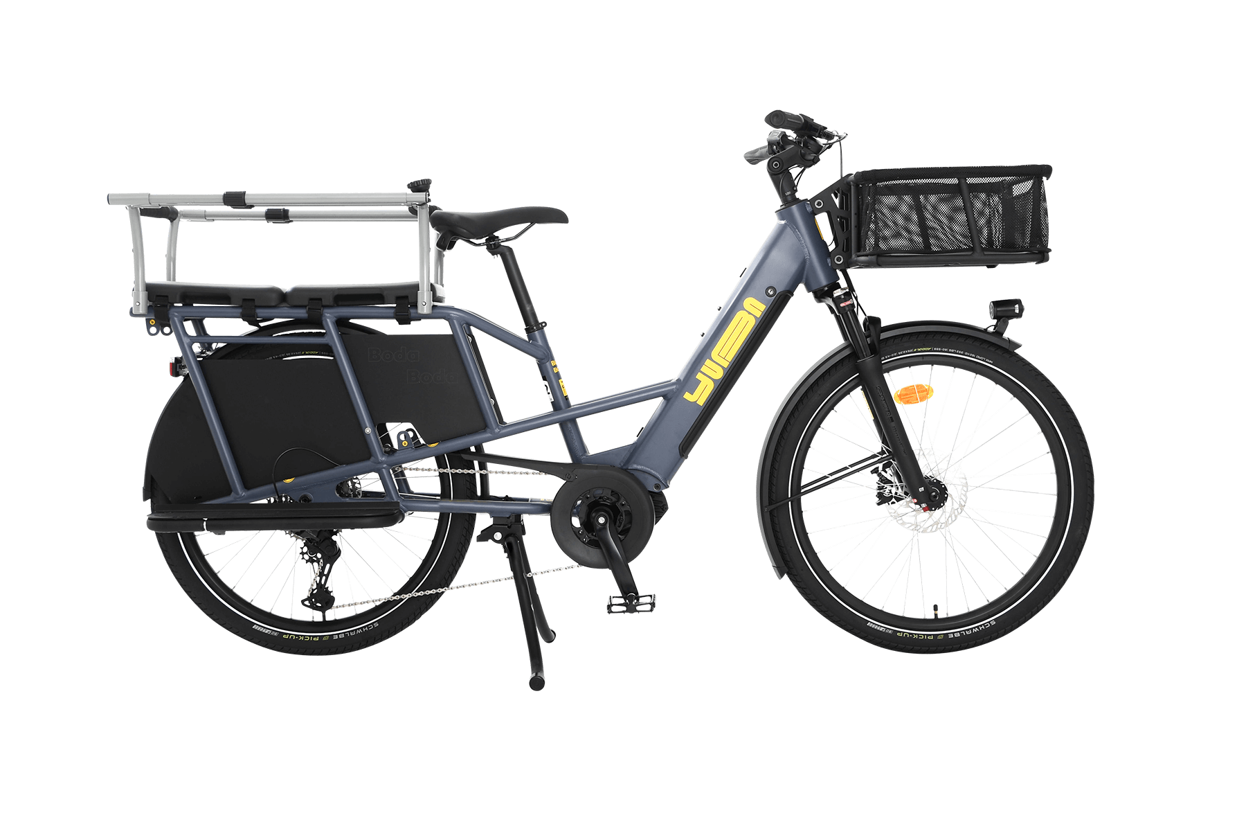 A product image showing the right side of the Yuba Boda Boda electric longtail cargo bike with the Monkey Bars and front basket accessories attached.