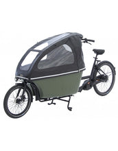 Load image into Gallery viewer, A product image featuring the Dolly electric cargo bike with a rain tent accessory installed. The zippers are closed on the tent in this photo. The photo is taken at an oblique angle.
