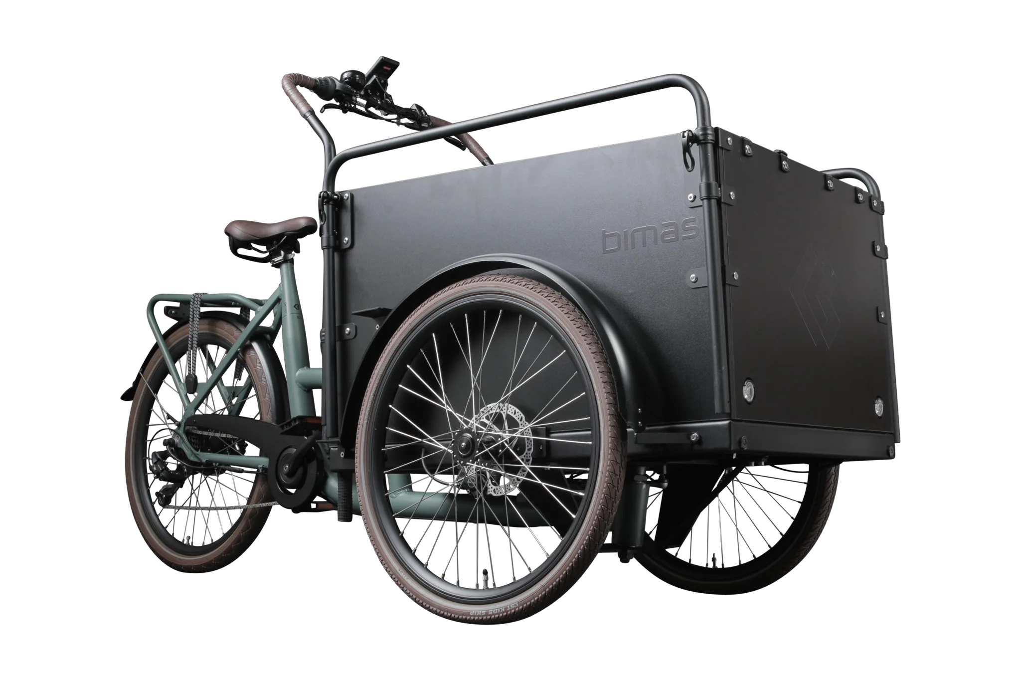 A product image of the Bimas eCargo 3.3 Economy electric cargo bike, showing the front and right side of the cargo bike.