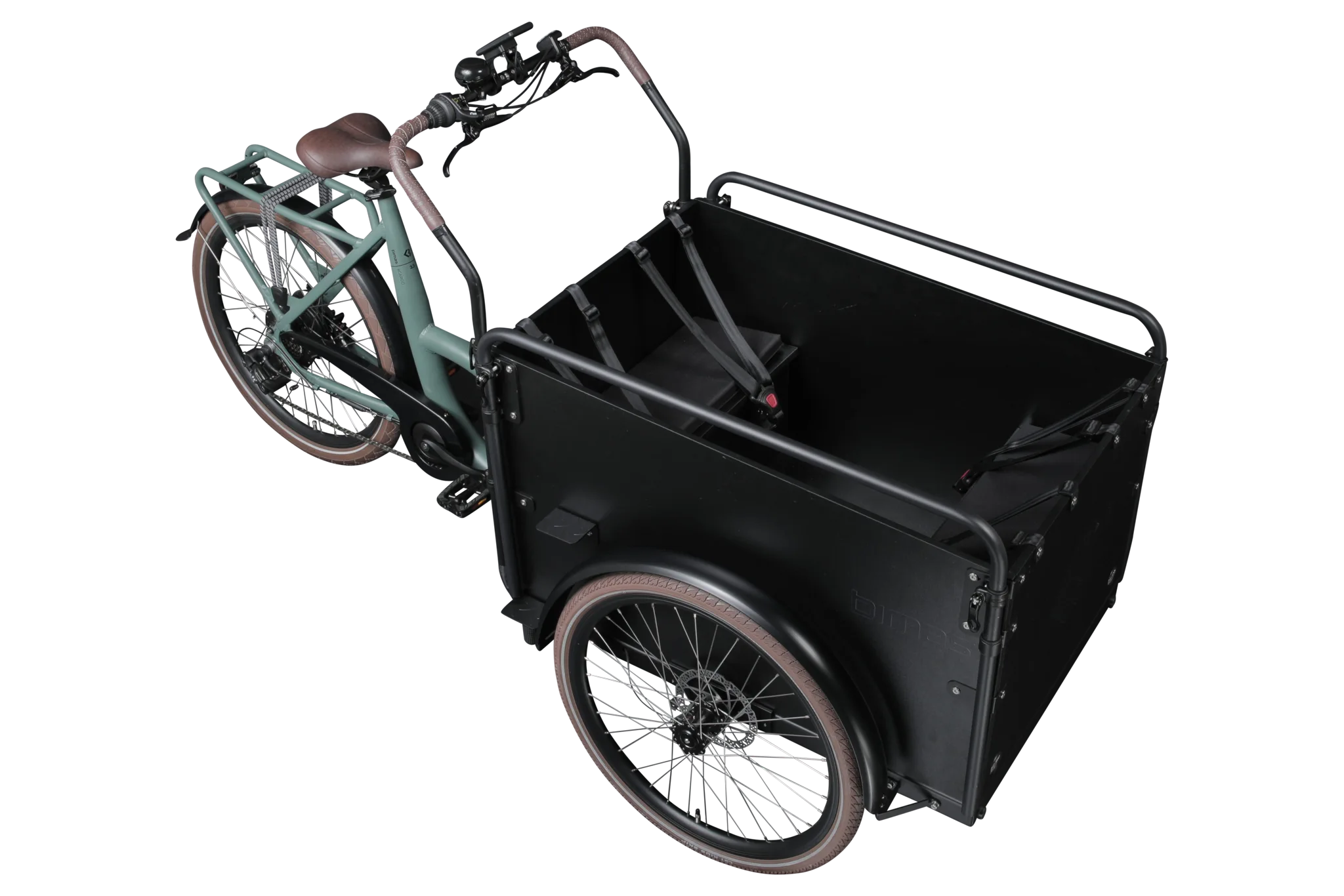 A product image of the Bimas eCargo 3.3 Economy electric cargo bike, showing the top and right side of the cargo bike.