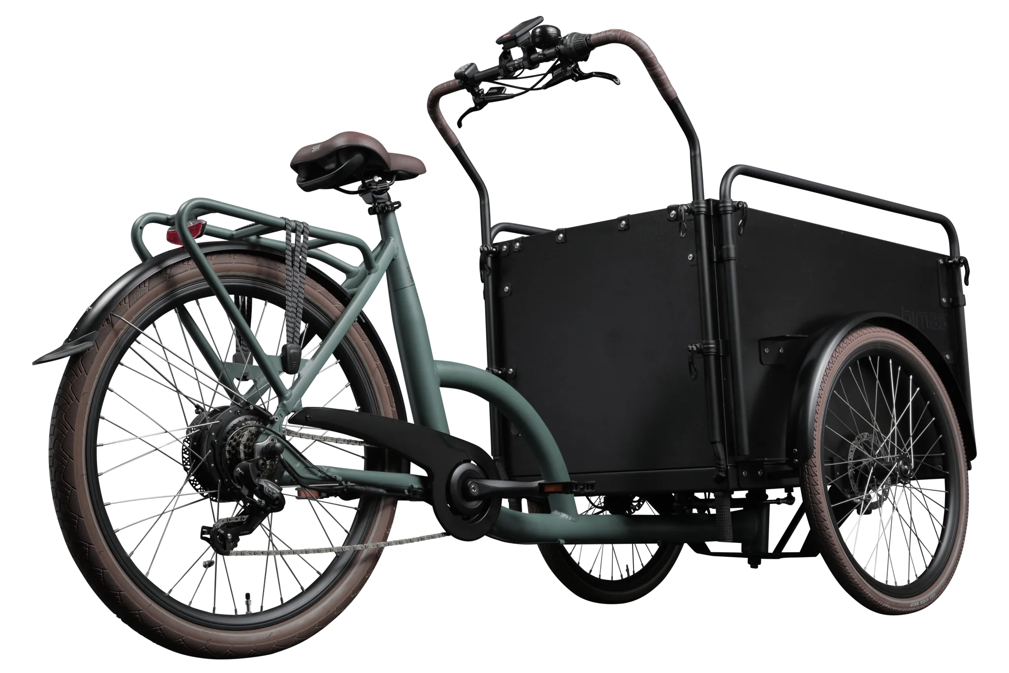 A product image of the Bimas eCargo 3.3 Economy electric cargo bike, showing the back and right side of the cargo bike from a rear angle.