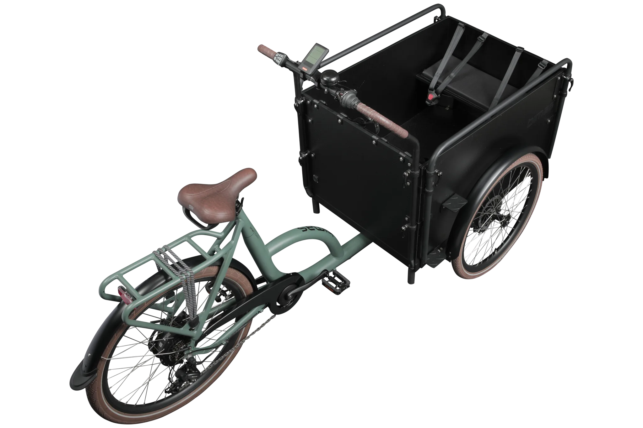 A product image of the Bimas eCargo 3.3 Economy electric cargo bike, showing the top and right side of the cargo bike from a rear angle.