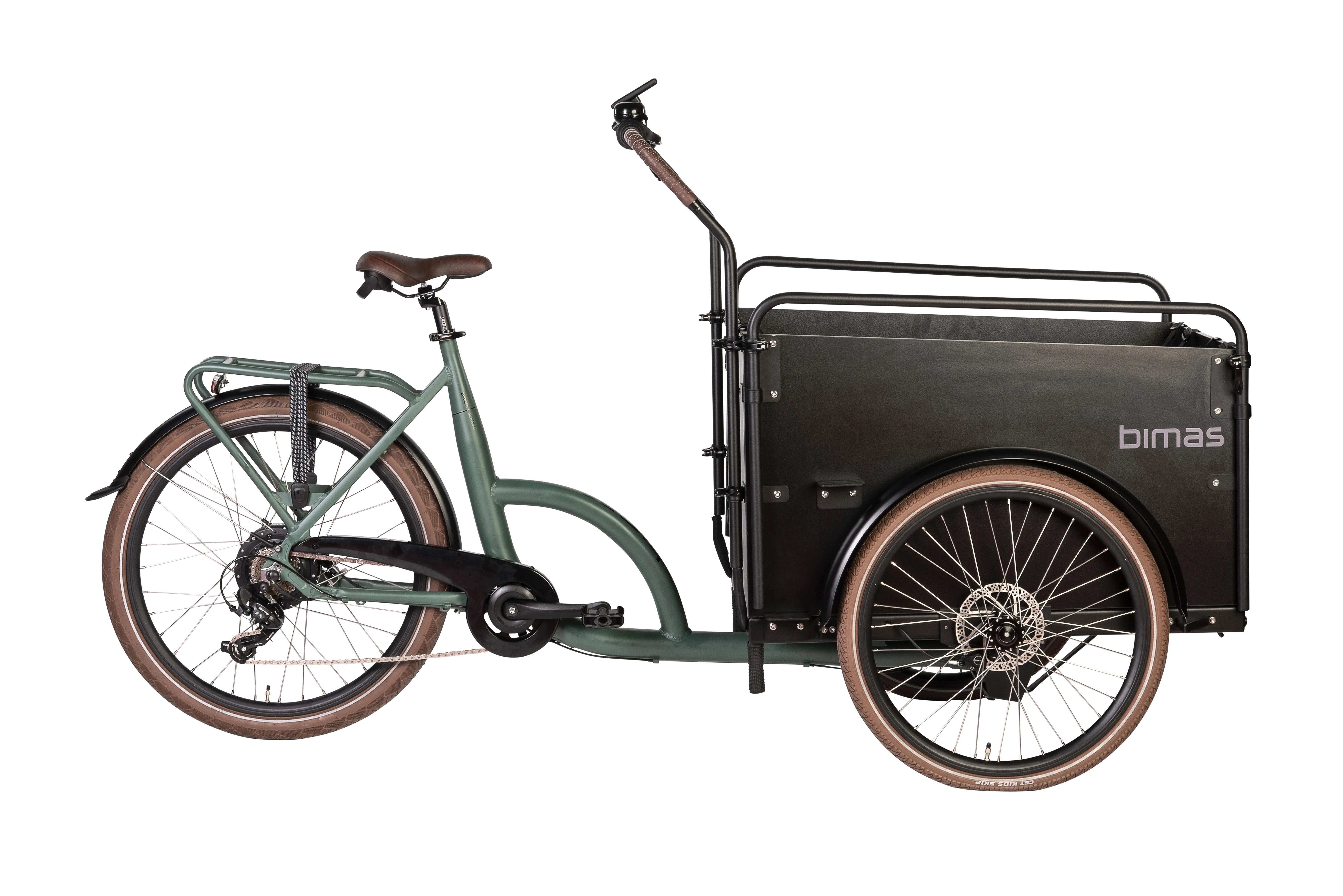 A product image of the Bimas eCargo 3.3 Economy electric cargo bike, showing the side of the cargo bike.